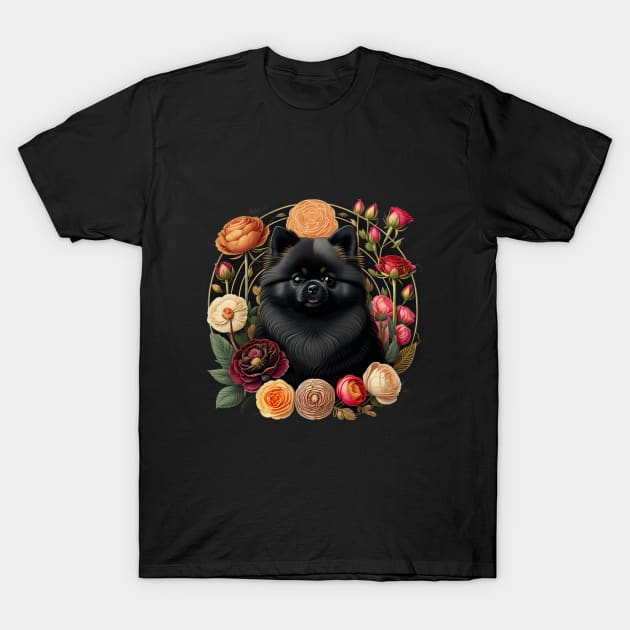 Black Pomeranian In Flower Frame T-Shirt by Pet And Petal